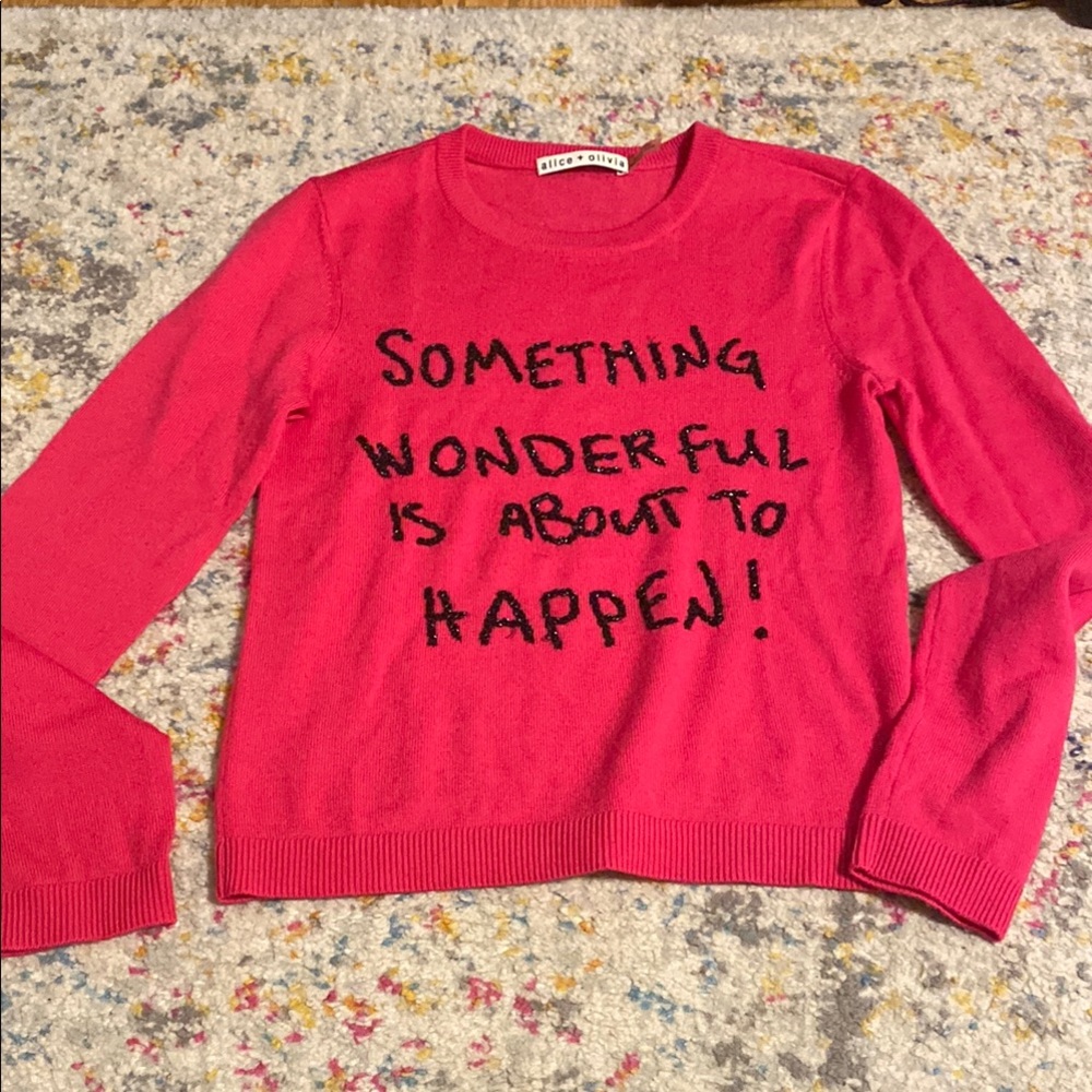 Alice + Olivia Pink Crewneck Sweater with Black Text